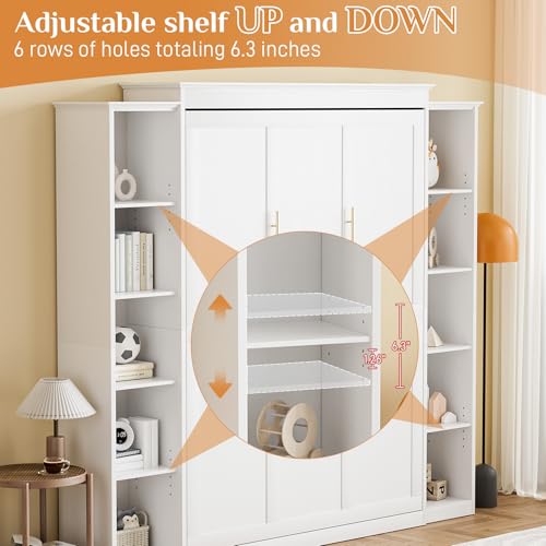 Queen Murphy Bed with Storage Bookcase & Adjustable Shelves, Foldable Wall Bedframe, White U7258