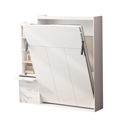 Queen Size Murphy Bed Wall Cabinet with 2 Wardrobes and Storage Shelf, White E955210