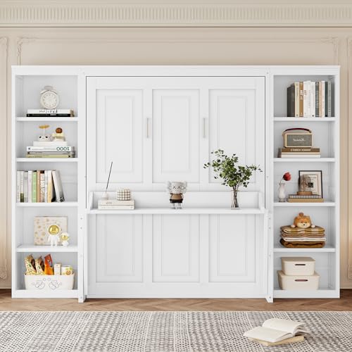 SOFTSEA Full Size Murphy Bed with Desk and Shelves, White F195