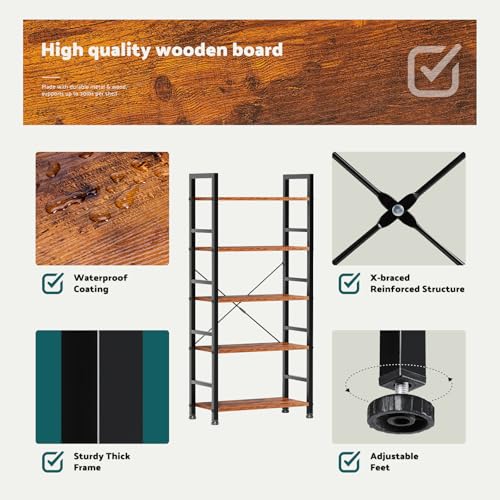 5 Tier Tall Bookcase Bookshelf Organizer Storage Unit Rustic Brown G866