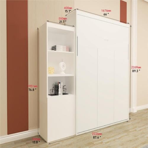 Queen Size Murphy Bed Wall Cabinet with 2 Wardrobes and Storage Shelf, White E955210