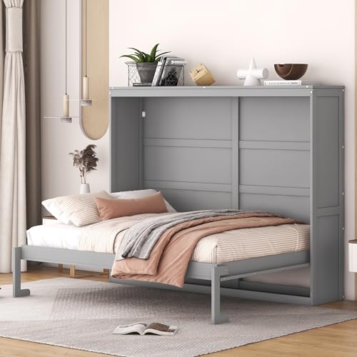 Harper & Bright Designs Queen Murphy Bed with Storage Shelves and LED Lights, Gray D9429