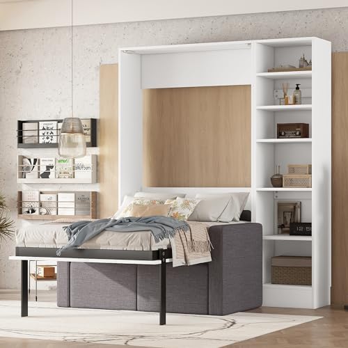 MERITLINE Queen Murphy Bed with Couch and Storage Shelves, White M951
