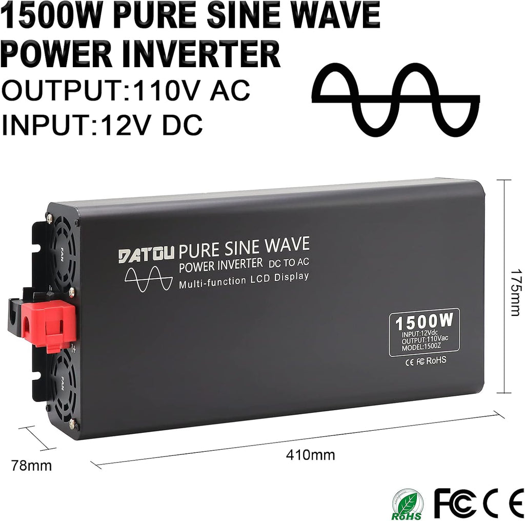 Pure Sine Wave Power Inverter 1500W DC 12V to AC 110V with 2 Outlets LCD Display X168216