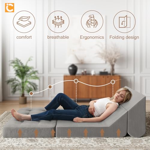 COMAX Folding Sofa Bed Convertible Chair Bed Corduroy 3-in-1 Floor Couch, Dark Grey E940