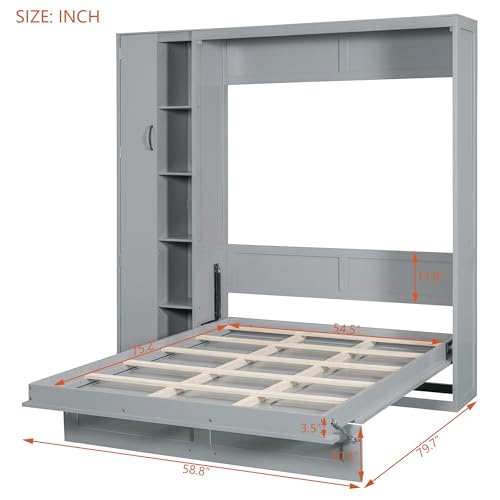 Harper & Bright Designs Queen Murphy Bed with Storage Shelves and LED Lights, Gray D9429
