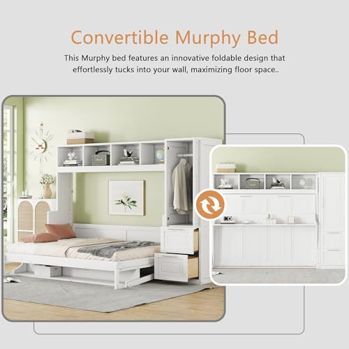 Linique Murphy Cabinet Wall Bed with Closet, Drawers and Top Shelf, Gray K190832