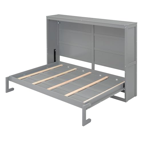 Harper & Bright Designs Queen Murphy Bed with Storage Shelves and LED Lights, Gray D9429