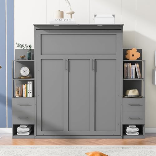Harper & Bright Designs Gray Queen Murphy Bed with Storage Shelves and LED Light P300147
