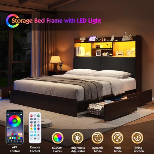 Farmhouse Bed Frame with Bookcase Headboard, LED Storage, Black G550865