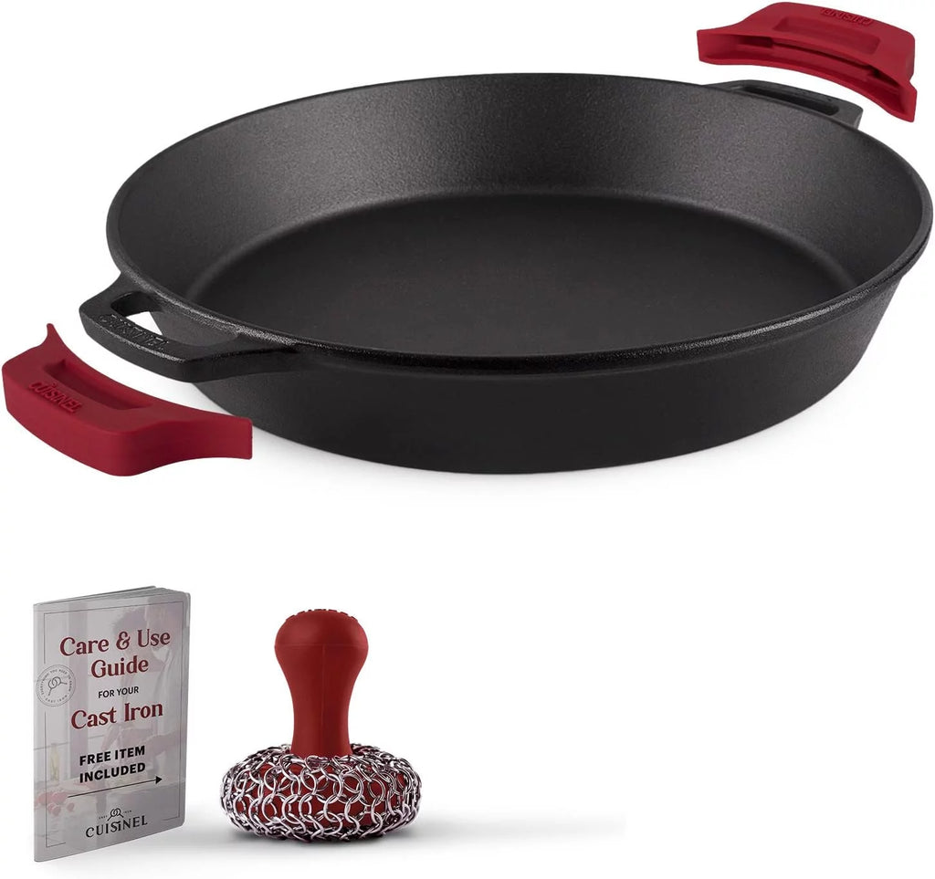 Cuisinel 15" Lidded Cast Iron Skillet Pre-Seasoned Dual Handle Braiser Frying Pan with Silicone Handle Covers