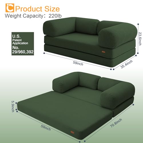 COMAX Folding Sofa Bed Convertible Chair Bed Corduroy 3-in-1 Floor Couch, Dark Grey E940