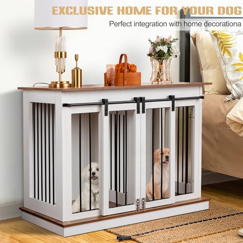 Sunseen Dog Crate Furniture Large Breed Wooden Kennel with Room Divider & 3 Drawer, Double Doors, Black F4828