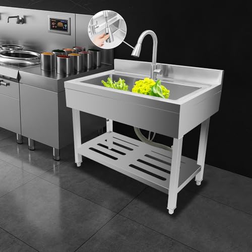 Stainless Steel Freestanding Single Bowl Utility Sink with Pull-Out Faucet E965170