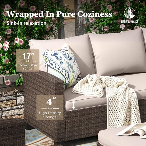 HERA'S HOUSE Patio Furniture Set with 56" Fire Pit Table, 6 Pieces 7 Seats Wicker Sectional Z546196