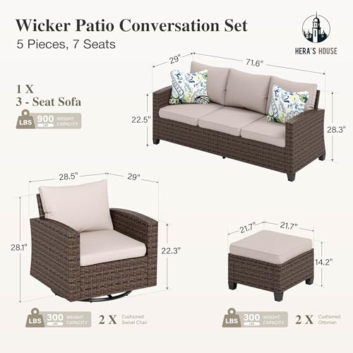 HERA'S HOUSE Patio Furniture Set with 56" Fire Pit Table, 6 Pieces 7 Seats Wicker Sectional Z546196