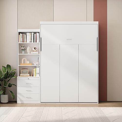 Queen Size Murphy Bed Wall Cabinet with 2 Wardrobes and Storage Shelf, White E955210