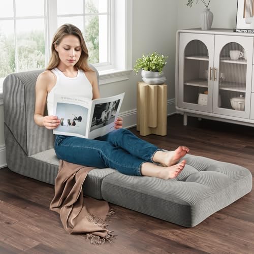 COMAX Folding Sofa Bed Convertible Chair Bed Corduroy 3-in-1 Floor Couch, Dark Grey E940