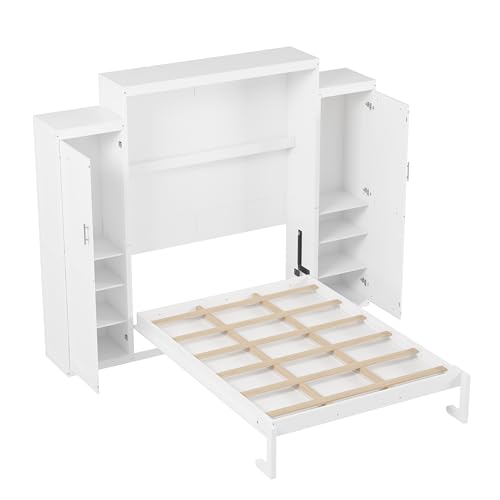 Queen Size Murphy Bed Wall Cabinet with 2 Wardrobes and Storage Shelf, White E955210