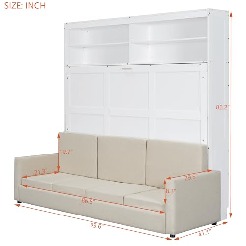 MERITLINE Queen Murphy Bed with Couch and Storage Shelves, White M951