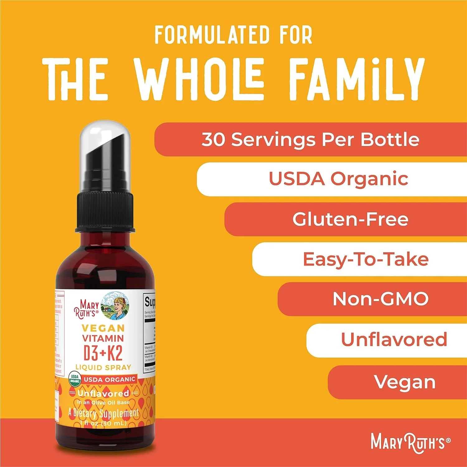 MaryRuth Organics Vitamin D3+K2 Spray, Vegan Liquid Supplement, 1 fl oz E7324