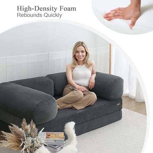 COMAX Folding Sofa Bed Convertible Chair Bed Corduroy 3-in-1 Floor Couch, Dark Grey E940