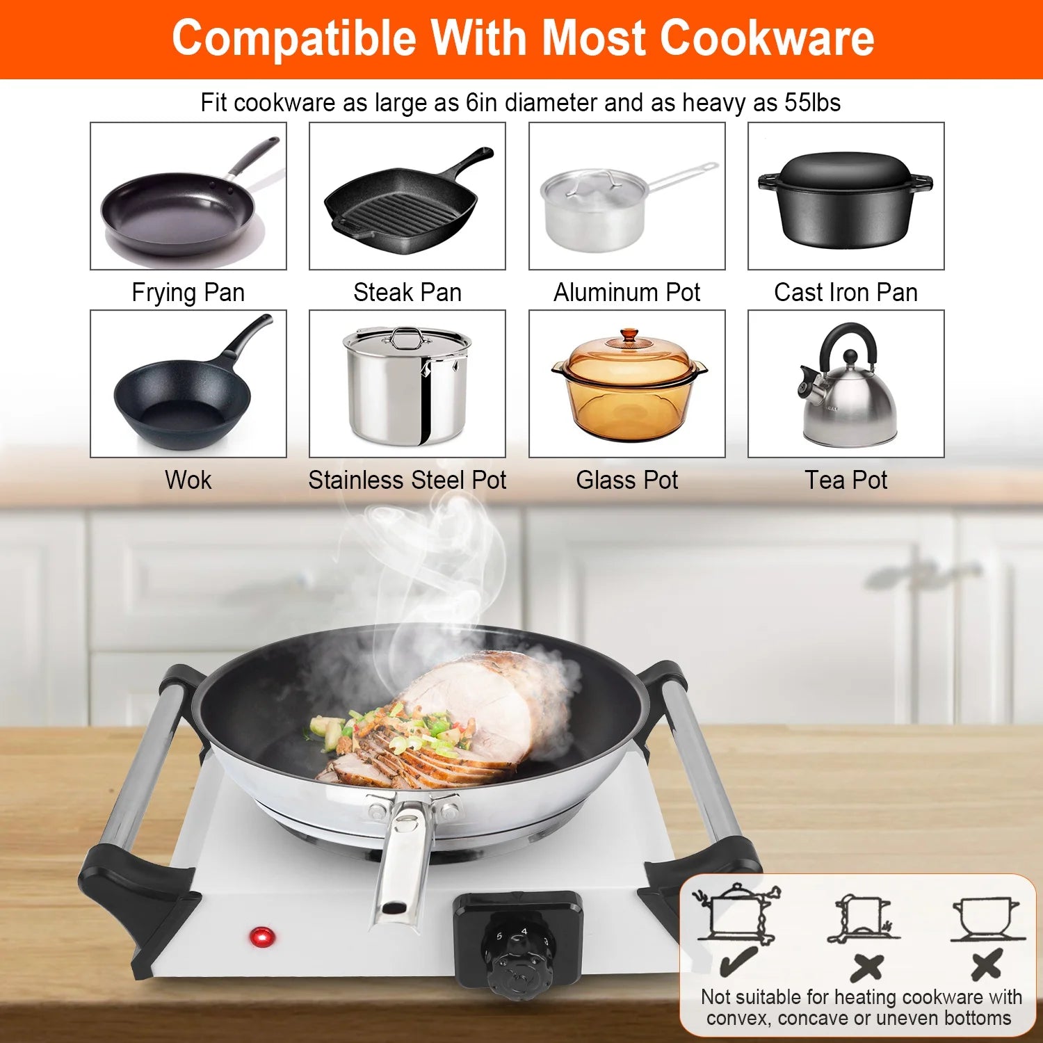 iMounTEK 1000W Electric Single Burner Portable Hot Plate with 5 Temperature Adjustments, White A6018
