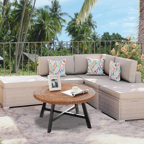 RANDEFURN Round Seagrass Coffee Table with Pine Wood X Base, 32 x 17 Inches E987219