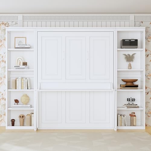 SOFTSEA Full Size Murphy Bed with Desk and Shelves, 110" Solid Folable Platform Bed with Double Storage Cabinets, Space Saving Fold Down Wall Bed for Small Spaces, Guest Room, Bedroom or Office, White