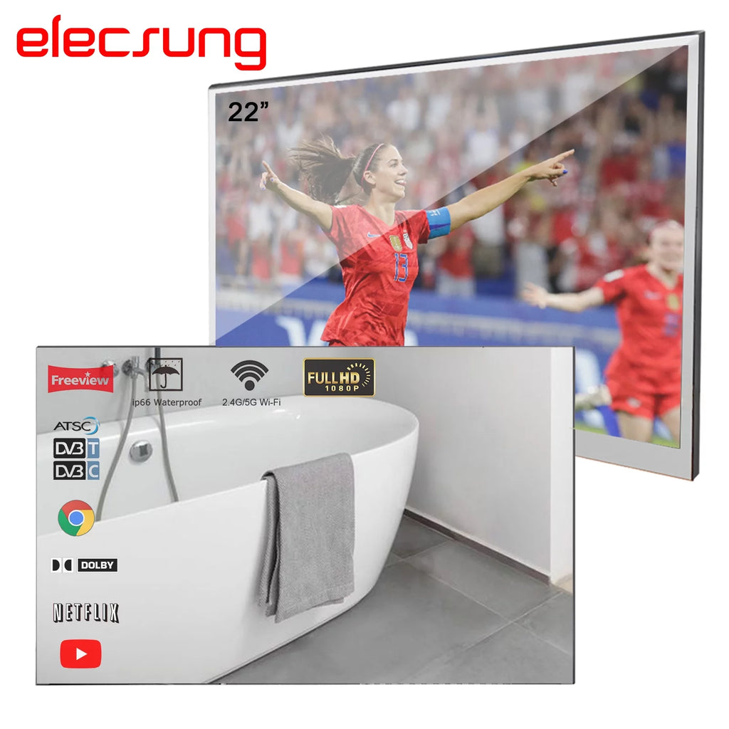 Elecsung 27 inches Smart Mirror Finish LED TV Bathroom Wifi Waterproof Shower Television ATSC Bluetooth 2023