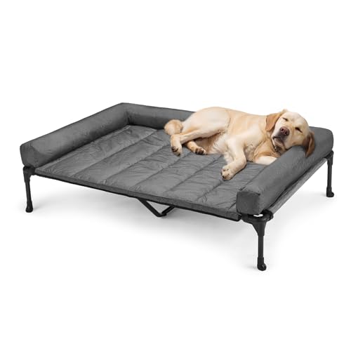 Veehoo Elevated Dog Bed with Removable Waterproof Bolster Cushion, Breathable Mesh, Indoor Outdoor, 42x30 inches, Beige U875430
