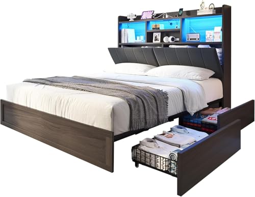 Farmhouse Bed Frame with Bookcase Headboard, LED Storage, Black G550865