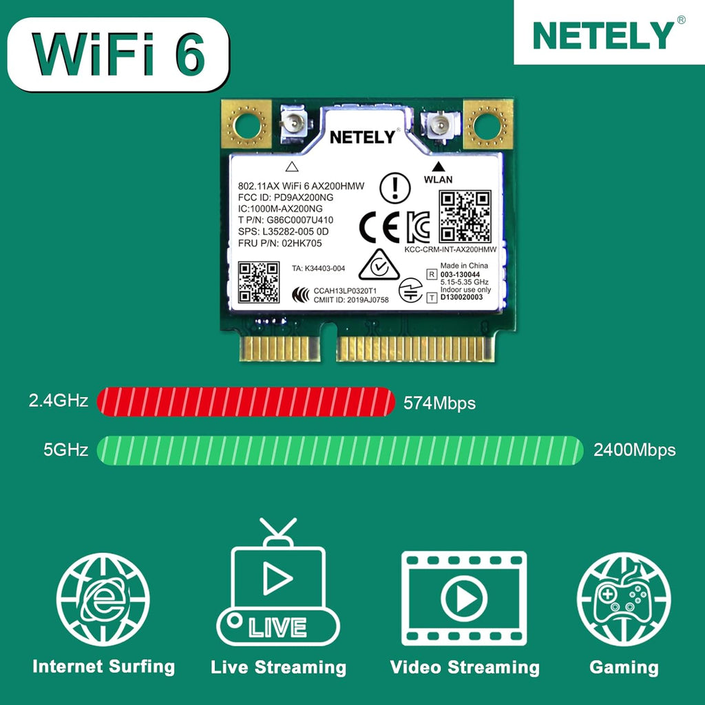 NETELY WiFi 6 AX200HMW Mini-PCIE WiFi Bluetooth Adapter 3000Mbps, Pack of 2 Z397