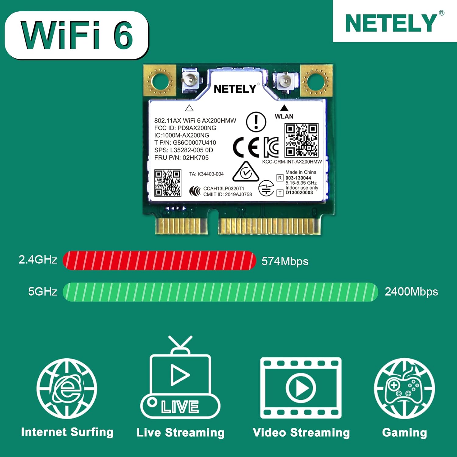 NETELY WiFi 6 AX200HMW Mini-PCIE WiFi Bluetooth Adapter 3000Mbps, Pack of 2 Z397