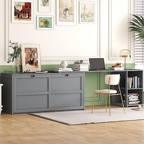 Merax Queen Murphy Bed with Rotable Desk, Storage Shelves, Grey W17874