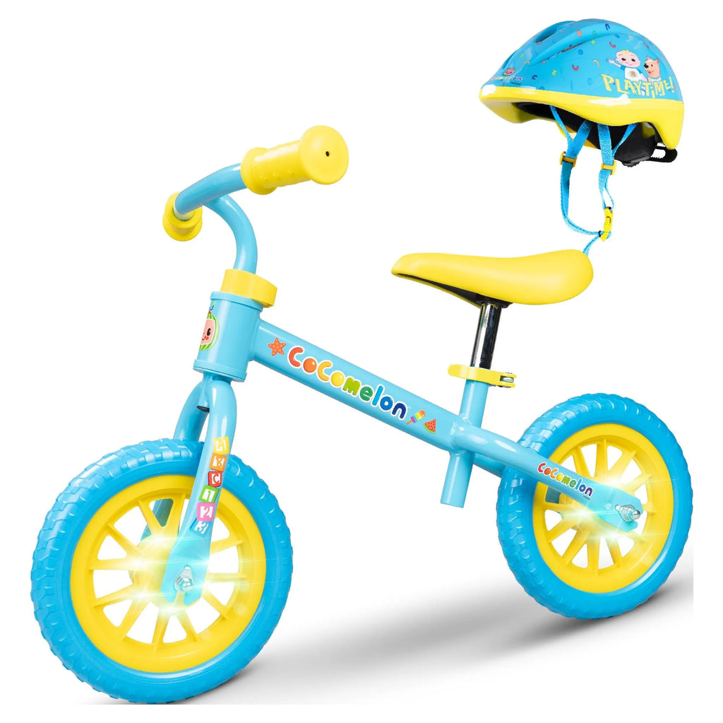 Cocomelon Toddlers Balance Bike with Adjustable Helmet, Light-up Wheels, Blue W771