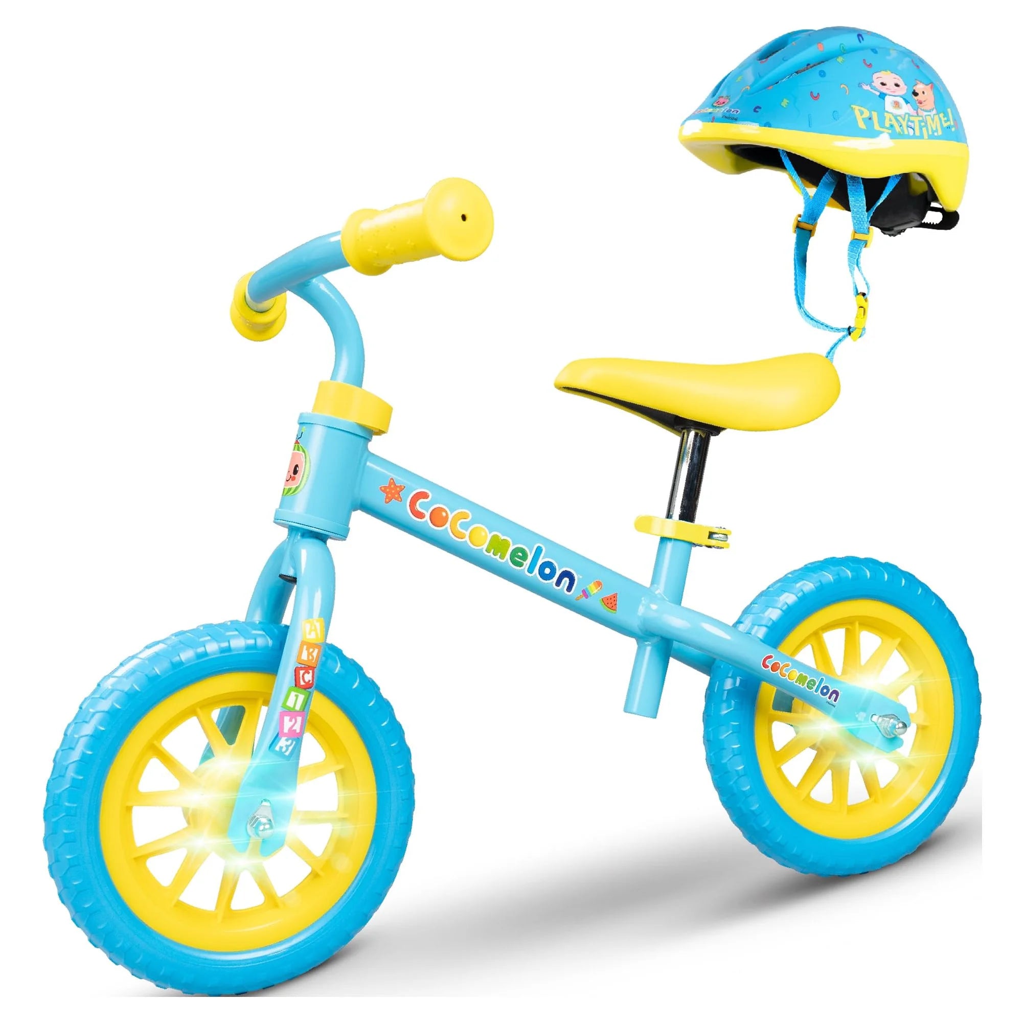 Cocomelon Toddlers Balance Bike with Adjustable Helmet, Light-up Wheels, Blue W771