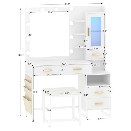 White Vanity Desk with Lighted Mirror and Chair, 5 Drawers Q413