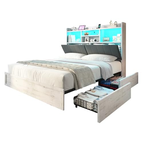 Farmhouse Bed Frame with Bookcase Headboard, LED Storage, Black G550865