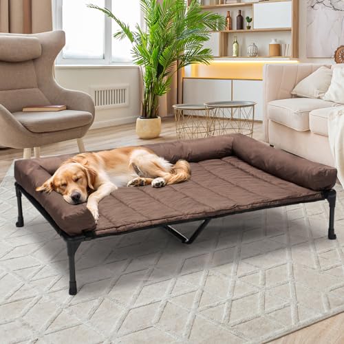 Veehoo Elevated Dog Bed with Removable Waterproof Bolster Cushion, Breathable Mesh, Indoor Outdoor, 42x30 inches, Beige U875430