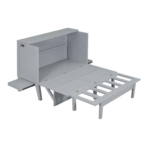 Full Size Murphy Bed with Drawers, Cabinets and USB Ports, Gray D589081