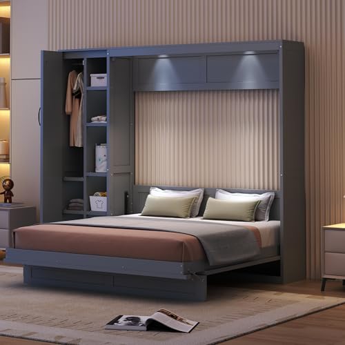 Harper & Bright Designs Queen Murphy Bed with Storage Shelves and LED Lights, Gray D9429