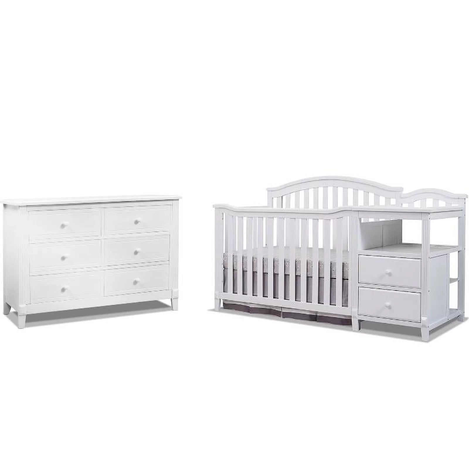 Baby Crib with Changing Table and 6 Drawer Double Dresser Set in White