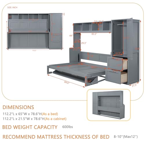 Linique Murphy Cabinet Wall Bed with Closet, Drawers and Top Shelf, Gray K190832