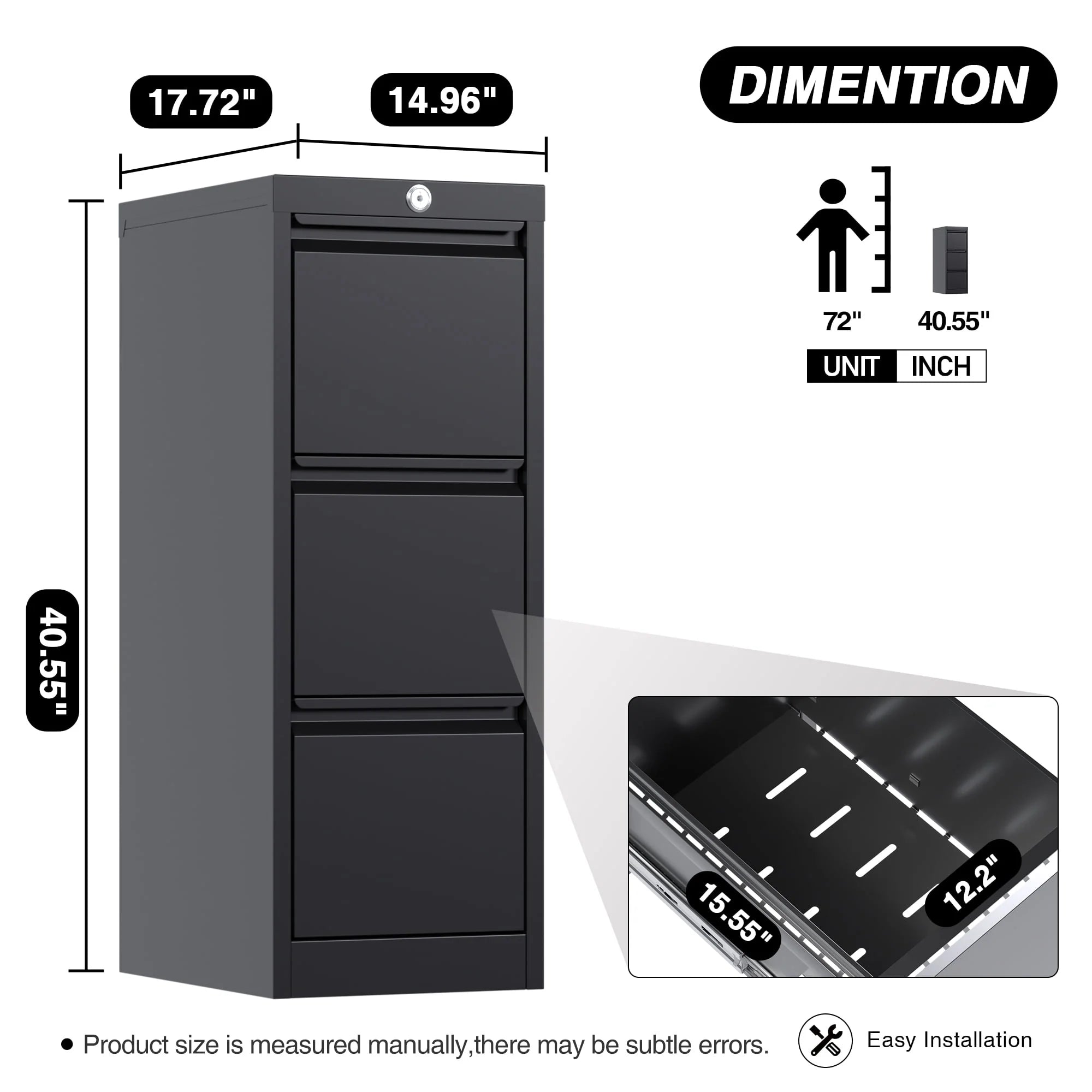 SUPEER 4 Drawer File Cabinet with Lock, Metal Vertical Storage, Black E499
