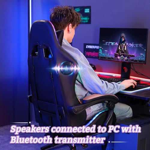 HOFFREE RGB Gaming Chair with Speakers and Footrest, Blue and Black B69323