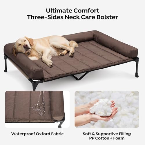Veehoo Elevated Dog Bed with Removable Waterproof Bolster Cushion, Breathable Mesh, Indoor Outdoor, 42x30 inches, Beige U875430