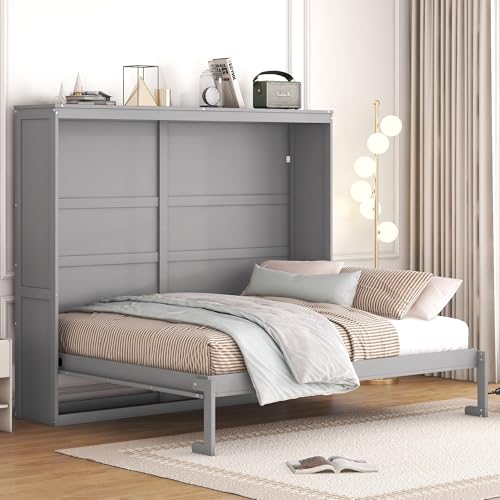 Harper & Bright Designs Queen Murphy Bed with Storage Shelves and LED Lights, Gray D9429