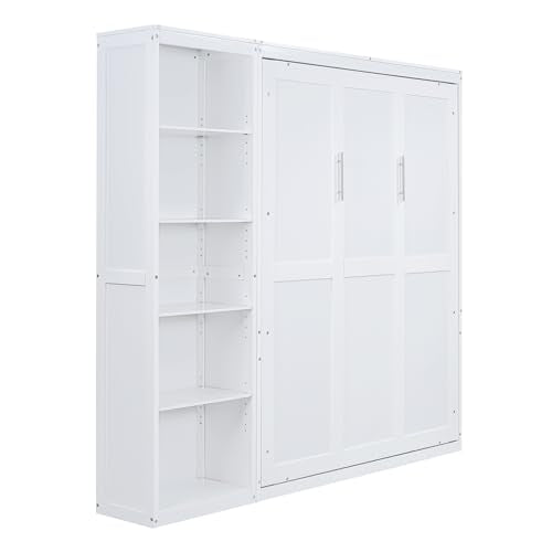 Merax Queen Murphy Bed with Storage Shelves, Foldable Wall Bed, White V837