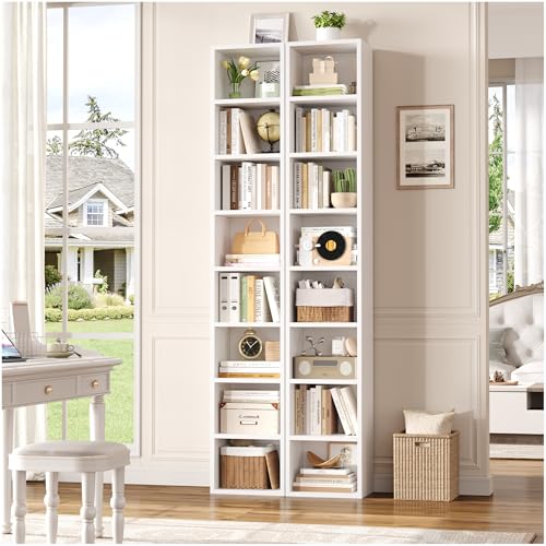 FOTOSOK 8-Tier Media Tower Rack, Tall Narrow Bookcase, Black/Brown W19438